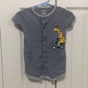 Blue and white striped onesie with giraffe